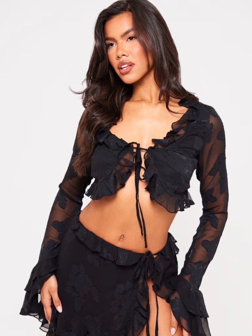 NWT PLT Y2K Black Sheer Textured Chiffon Tie Front Frilly Bell Sleeve Crop Top